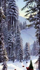 The forest winter landscape is a beautiful scene. The trees are covered in snow and the ground is blanketed with a layer of frost. The air is crisp and fresh, and the sky is a deep blue.