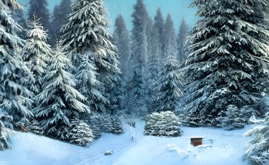 The trees are covered in a blanket of snow, their limbs heavy with the weight. The ground is also white, pristine and untouched. In the distance there are more trees, and beyond that mountains. It's c