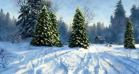 Obraz premium The trees are blanketed in a thick layer of snow, their branches heavy with the weight. The ground is also covered in a soft white sheet, undisturbed except for the occasional animal tracks. The air i
