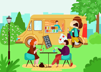 Obraz na płótnie Canvas Female friend sitting outdoor green park cafe and eat ice cream delicious dessert, mobile sundae food shop banner flat vector illustration.