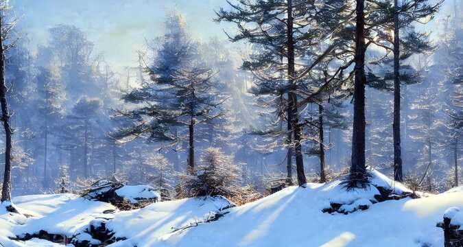 A Forest winter landscape is a painting. It has trees and snow in it. The colors are white, blue, and green.
