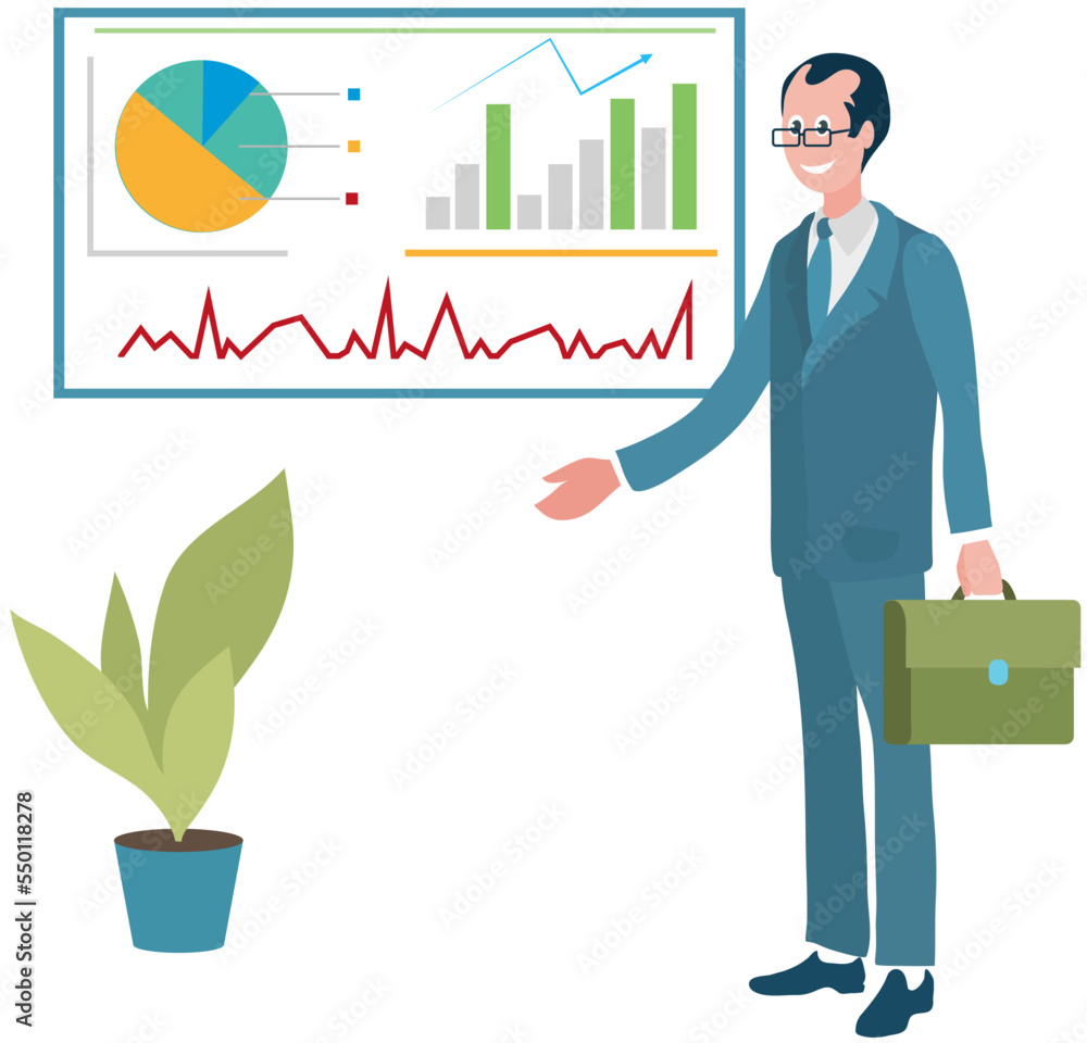 Poster business man in suit and glasses showing statistical data and economic report analysis. effective ma
