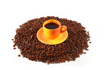 offee cup and coffee grain isolated on white background.
