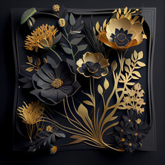 Illustration of a black and Gold Floral Arrangement on Dark Background
