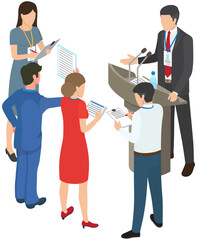 Conference or interview, journalists with microphones, speaker behind podium. Business partnership cooperation beginning. Business meeting of partners in office. Male colleagues discussing work