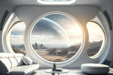 Concept art illustration of sci-fi futuristic interior of space station - 550118863