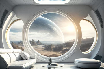 Fotobehang Concept art illustration of sci-fi futuristic interior of space station © Mikolaj Niemczewski