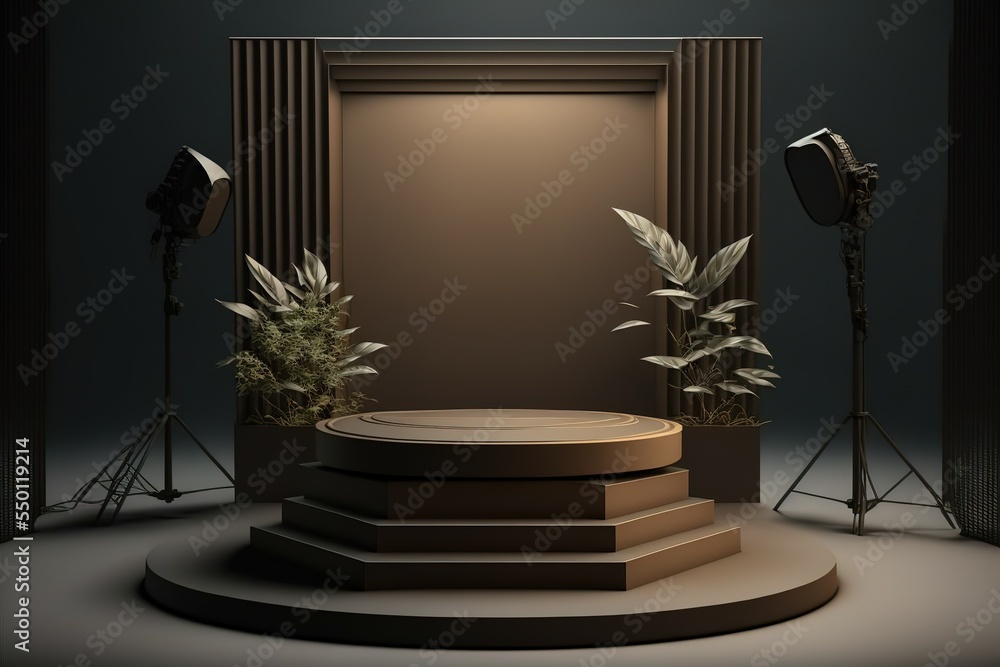 Poster 3d platform studio display scene with render platform. podium, pedestal, layout, template for the pr