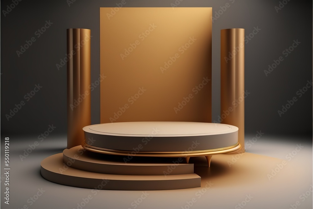 Poster 3d platform studio display scene with render platform. Podium, pedestal, layout, template for the presentation of a modern exhibition or gallery. 3d illustration