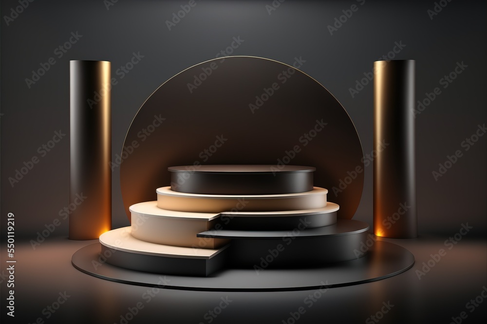 Poster 3d platform studio display scene with render platform. Podium, pedestal, layout, template for the presentation of a modern exhibition or gallery. 3d illustration
