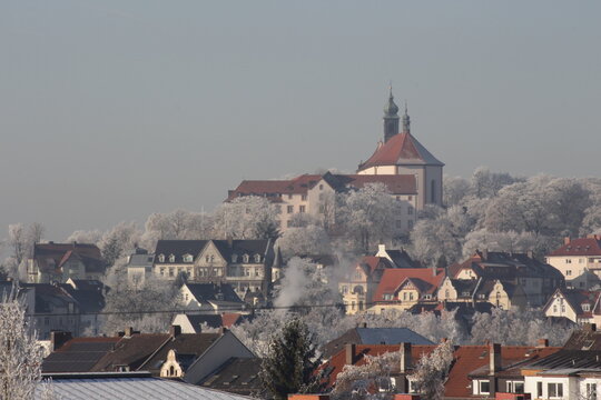 St. Lioba Chirch on Petersberg under snow in winter, part of city Fulda in Hesse Germany