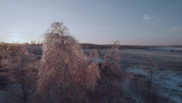 Aerial photography of winter landscapes at sunset, nature in winter at sunset