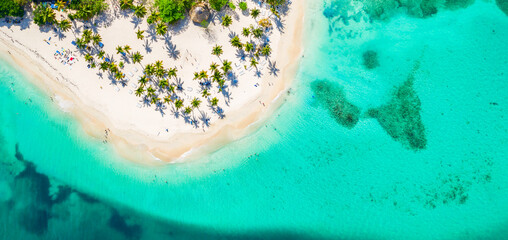 Vacation background. Travel concept. Aerial drone view of beautiful caribbean tropical island with palms and turquoise water. Banner wide format - obrazy, fototapety, plakaty