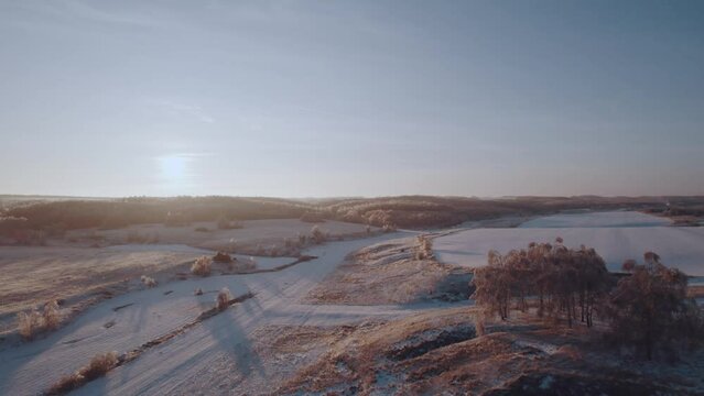 Aerial photography of winter landscapes at sunset, nature in winter at sunset
