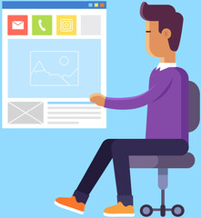 Man sharing in social media using photo gallery application. Phone apps and network symbols, icons for mobile devices. Basic gadget functions. User interacts with mobile phone, software button