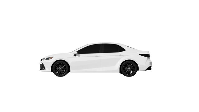 side view of white car isolated on white, TOYOTA CAMRY png transparent background 3d rendering