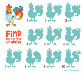 Rooster. Find the correct shadow. Educational game for children. Cartoon vector illustration. Isolated on white background
