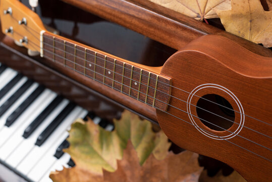 A small ukulele guitar lies on an old classical piano, there are autumn leaves on the keys next to it, music education concept