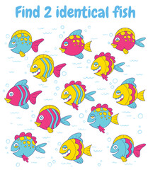 Obraz premium Find two identical fish. Find two same pictures. Educational game for children. Colorful cartoon characters. Funny vector illustration. Isolated on white background
