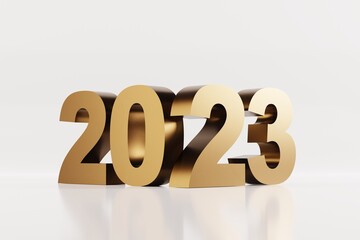 The number 2023, the new year. New Year, Happy New Year concept. Golden number 2023 on a light background. 3D render, 3D illustration.