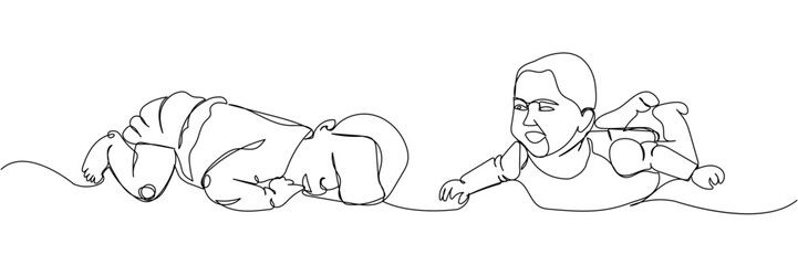 Set of newborns lies on stomach and sucks his thumb one line art. Continuous line drawing of child, childhood, newborn, new life, son, daughter, baby, exercise, growing up.