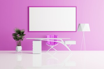 View of a modern office with an empty picture frame on a pink wall, background. Modern office furnishing concept, desk, plants and lamp. 3D render; 3D illustration.