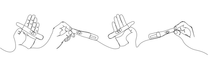 Set of pregnancy test in the hand, palm one line art. Continuous line drawing of pregnancy, testing, analysis, ovulation, happy news, positive result, child, motherhood.