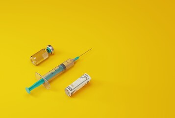 A syringe, a COVID vaccine and a rolled up banknote. Health and medical care concept, taking covid...