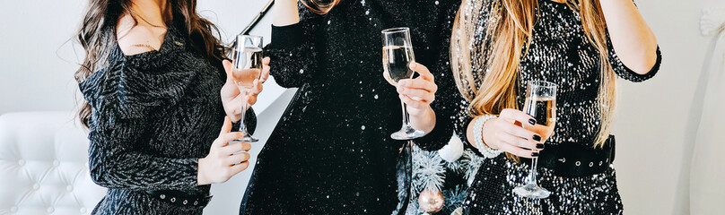 Web banner Cheers, toast with champagne. Friends celebrating Christmas or New Year eve party....