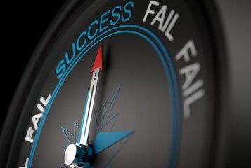 Naklejka premium Compass pointing in the direction of success. The concept of winning, achieving success. A compass showing the direction of success instead of fail. 3D render, 3D illustration.