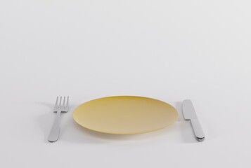 Plate and fork and knife. The concept of eating, preparing a meal. An empty plate ready to be served. 3D render, 3D illustration.