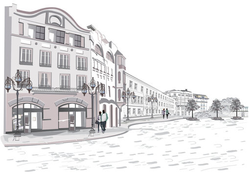 Series of backgrounds decorated with flowers, old town views and street cafes.    Hand drawn vector travel architectural background with historic buildings in the city. 