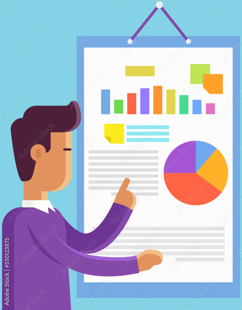 Poster man stands at board with statistics diagrams and explore it. businessman doing report with data. man