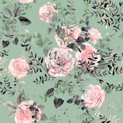 Watercolor vintage seamless pattern with pink roses and leaves for summer textiles of women is dresses