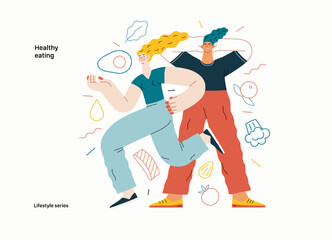 Lifestyle series - Healthy eating - modern flat vector illustration of a woman and a man practicing healthy balanced diet. People activities concept