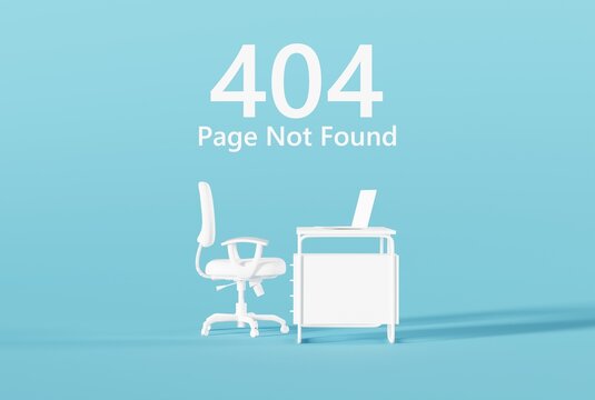 Side view of an armchair and a desk and the number 404 in the background as an error of a non-existent website. 404 error concept, page not found, website template. 3D render, 3D illustration.