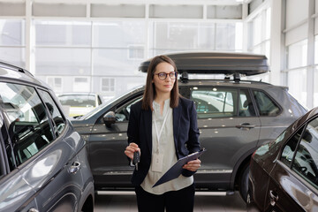 Fototapeta na wymiar woman sells a car at a car dealership and hands over the keys to the buyer. nice woman car sales manager. a successful and happy woman with a tablet in her hands is the head of a car dealership