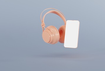 Headphones and telephone on the background. The concept of playing games, listening to music through headphones, technology. Playing games for entertainment. 3D render, 3D illustration.