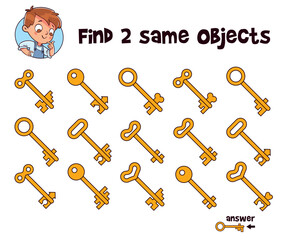 Key. Find two same objects. Educational game for children. Cartoon vector illustration. Isolated on white background