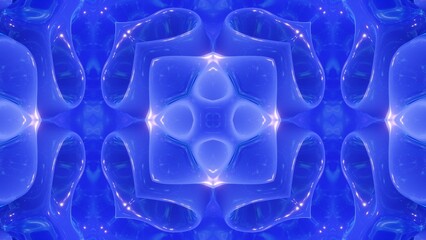 3d render. Abstract background simmetrical 3d liquid pattern with bright gradient color transition. Liquid kaleidoscope with viscous liquid waves and glitter on surface. Wavy pattern