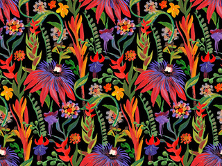 Seamless art pattern with bright tropics in red flowers painted with gouache in dry brush