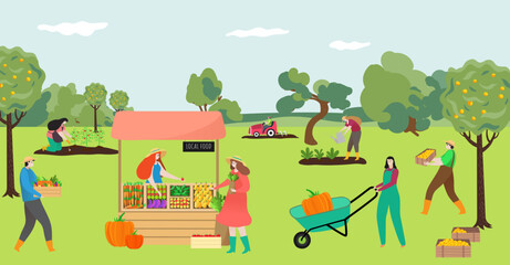 Obraz na płótnie Canvas Group of people farmer together harvest season crop, farmworker sell organic food, vegetables flat vector illustration.