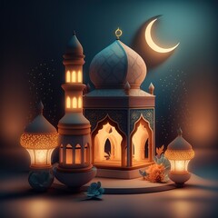 A night in Ramadan. A colorful mosque and a lantern with a glowing evening light. , ai