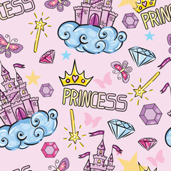 Princess Seamless Pattern for textile  with castle, crown, butterfly, stars, diamond. Abstract seamless pattern for girls. © SokolArtStudio