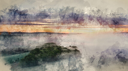 Digital watercolor painting of Majestic drone landscape image of sea of fog rolling across South Downs English countryside during Spring sunrise