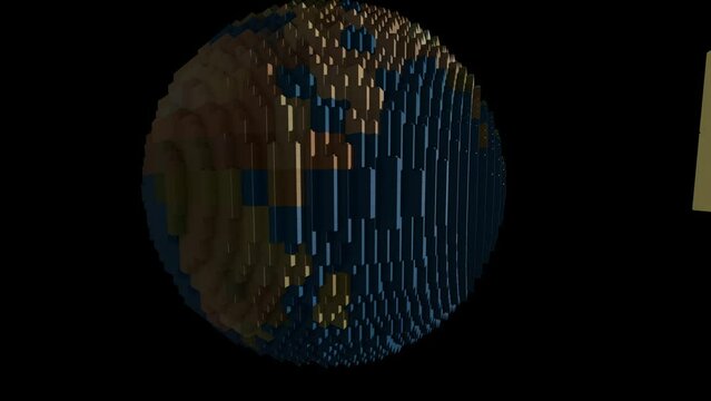 Block Animation. Earth around the sun. Zoom into a tree, then an apple, then DNA, then a molecule, then an atom which then morphs into the Earth moving around the Sun. Looping 3D animation.