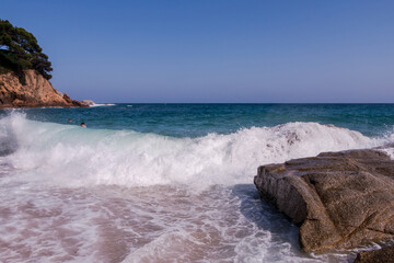 Huge waves crash against the rocks at Fenals Beach in Lloret de Mar. Catalonia