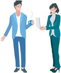 Fototapeta premium Two people communicate in office during break. Man and woman talk, spend time together at work or rest, discussing in cafe or workplace. Working meeting, communication, dialogue, conversation concept