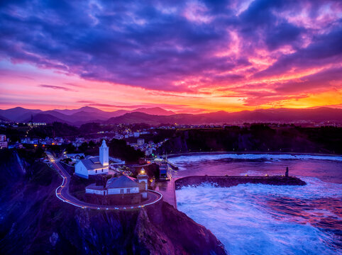 Aerial view with drone of Luarca in Asturias at sunset. Spain