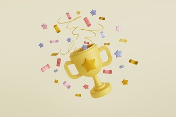 Modern 3d icon with gold winner cup with confetti for decorative design. Champion trophy, gold cup. Business cartoon icon. Festival, competition. Gold winner prize.